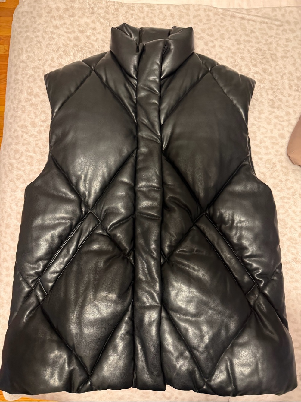 Black oversized Quilted Faux Leather Puffer Vest